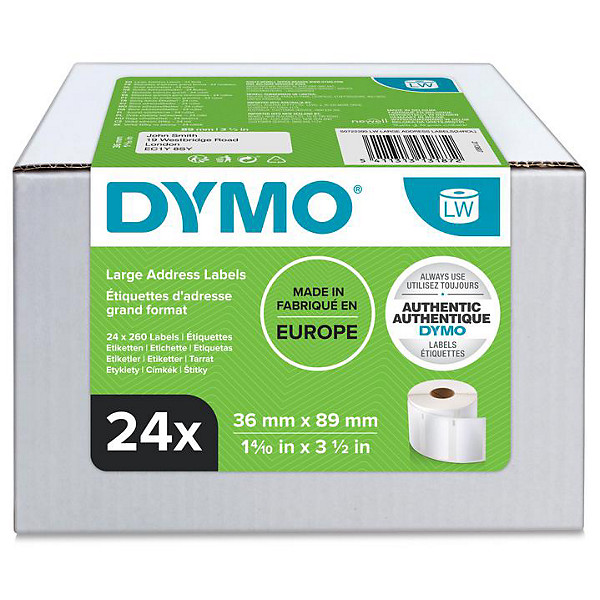 Dymo LabelWriter 13187 Multipack de 24 Rollos de Etiquetas Originales Autoadhesivas - Recomendadas para Direcciones  -Medidas 36x89mm - 500 Etiquetas por Rollo - Color Blanco - S0722390