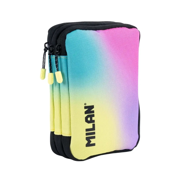 Milan Sunset Plumier de 3 Pisos con Goma de Borrar, Sacapuntas, Lapiz, 3 Boligrafos P1, Regla, 12 Lapices de Colores, 6 Lapices de Colores Metalizados, 5 Fluorescentes, Tijeras y 18 Rotuladores - Multicolor