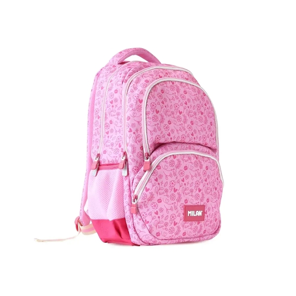 Milan Pink Flowers Mochila Escolar 25L - 3 Bolsillos Delanteros + 2 Bolsillos Laterales - Asas Regulables y Acolchadas - Tamaño 46,5x30x17cm - Color Beige/Azul Oscuro