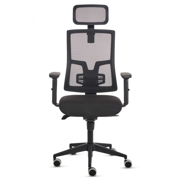 Fellowes Eleganza Plus Silla de Oficina - Respaldo de Malla Transpirable Ajustable en Altura - Soporte Lumbar Ajustable y Reposacabezas - Reposabrazos Acolchados 2D - Ajuste por Elevacion de Gas - Tejido Ignifugo y Ruedas de 65mm - Color Negro