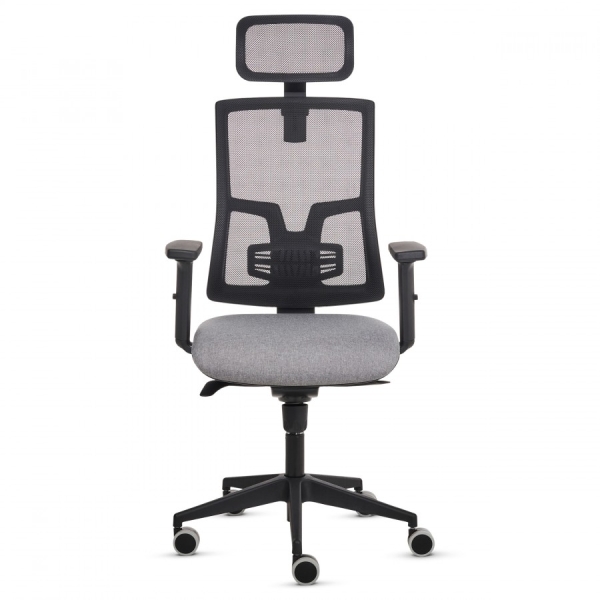 Fellowes Eleganza Plus Silla de Oficina - Respaldo de Malla Transpirable Ajustable en Altura - Soporte Lumbar Ajustable y Reposacabezas - Reposabrazos Acolchados 2D - Ajuste por Elevacion de Gas - Tejido Ignifugo y Ruedas de 65mm - Color Gris/Negro