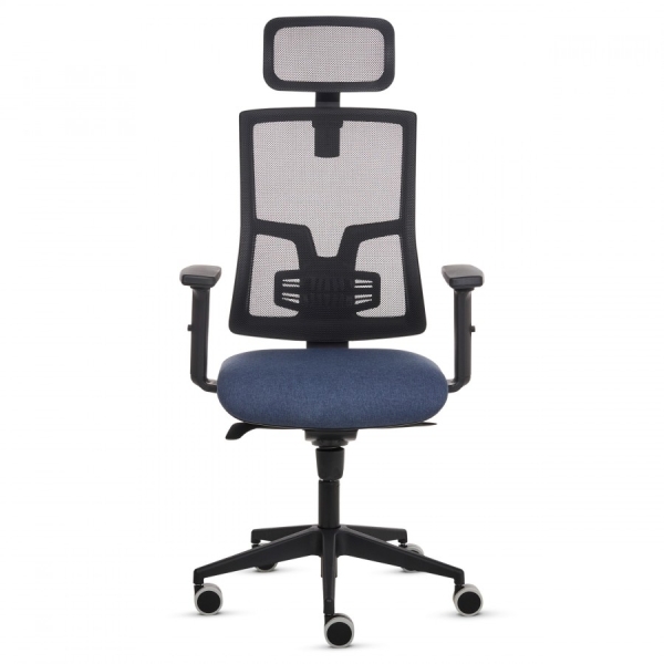 Fellowes Eleganza Plus Silla de Oficina - Respaldo de Malla Transpirable Ajustable en Altura - Soporte Lumbar Ajustable y Reposacabezas - Reposabrazos Acolchados 2D - Ajuste por Elevacion de Gas - Tejido Ignifugo y Ruedas de 65mm - Color Azul/Negro