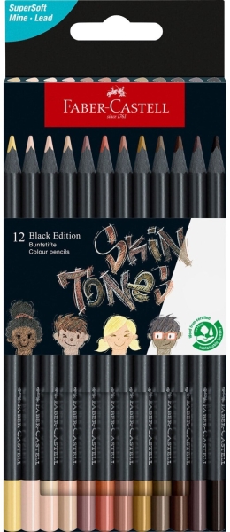 Faber-Castell Black Edition Skin Tones Pack de 12 Lapices de Colores Tonos de Piel - Mina Supersuave - Madera Negra - Ideales para Dibujo sobre Papel Claro, Oscuro y de Colores - Colores Surtidos