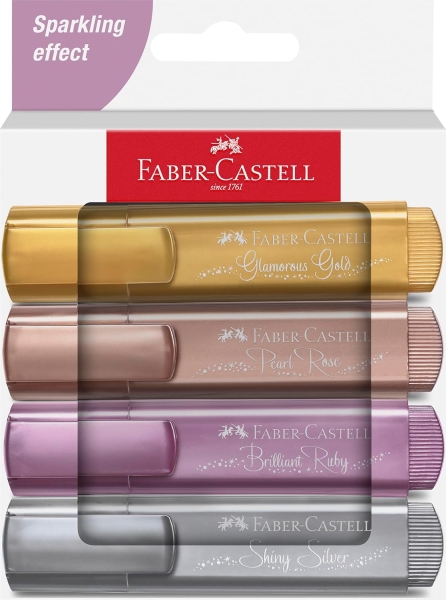 Faber-Castell Textliner 46 Pack de 4 Marcadores Metalizados - Punta Biselada - Trazo entre 1mm y 5mm - Tinta con Base de Agua - Colores Pastel Surtidos
