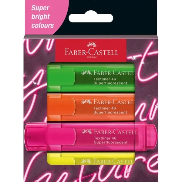 Faber-Castell Textliner 46 Ed. Genz Superfluorescente Pack de 4 Marcadores Fluorescentes - Punta Biselada - Trazo entre 1mm y 5mm - Tinta con Base de Agua - Colores Surtidos