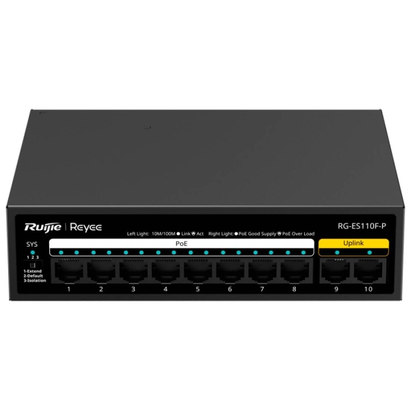 Ruijie RG-ES110F-P Switch - 10 Puertos - PoE/PoE+ hasta 110W - Velocidad hasta 100Mbps - Carcasa de Acero - Color Negro