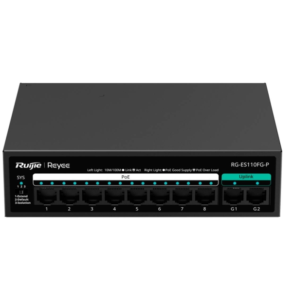 Ruijie RG-ES110FG-P Switch - 8 Puertos Ethernet hasta 100Mbps - 8 Puertos Uplink hasta 1Gbps - PoE/PoE+ hasta 110W - Carcasa de Acero - Color Negro