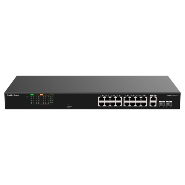 Ruijie RG-ES118FGS-LP Switch - 16 Puertos Ethernet hasta 100Mbps - 2 Puertos Gigabit Rj45/SFP Combo - PoE/PoE+ hasta 120W - Carcasa de Acero - Color Negro