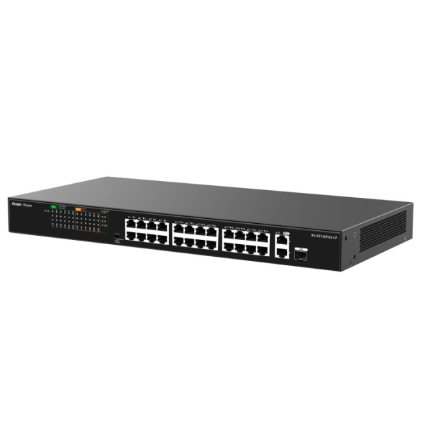 Ruijie RG-ES126FGS-LP Switch - 24 Puertos Ethernet hasta 100Mbps - 1X Uplink hasta 1Gbps - 1X Rj45/SFP Combo hasta 1Gbps - PoE/PoE+ hasta 180W - Carcasa de Acero - Color Negro