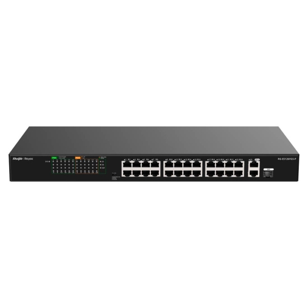 Ruijie RG-ES126FGS-P Switch - 24 Puertos Ethernet hasta 100Mbps - 1X Uplink hasta 1Gbps - 1X Rj45/SFP Combo hasta 1Gbps - PoE/PoE+ hasta 370W - Carcasa de Acero - Color Negro