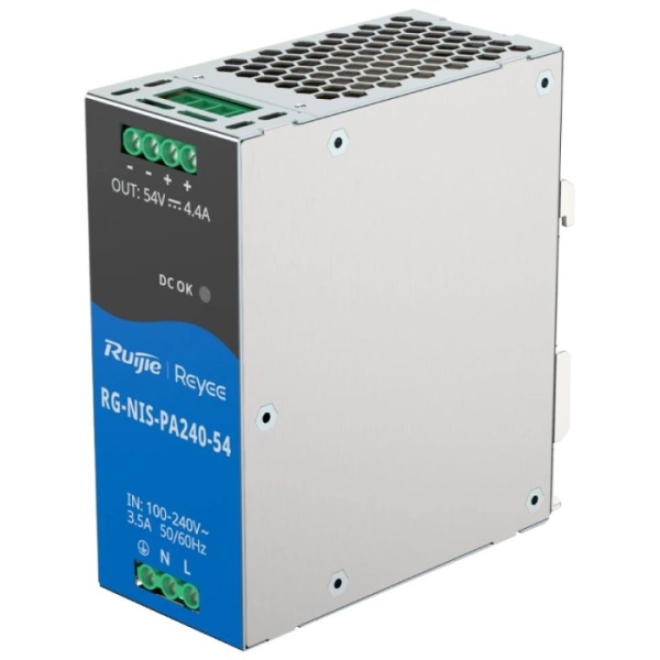 Ruijie RG-NIS-PA240-54 Fuente de Alimentacion Industrial - Potencia hasta 240W - Salida de 54V y 4.4A - Compatible con Riel Din - 240W - Color Acero