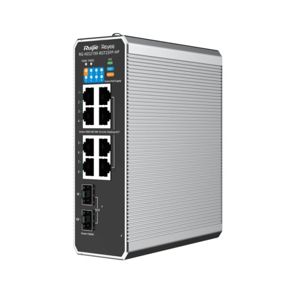 Ruijie RG-NIS2100-8GT2SFP-HP Switch Industrial - 8 Puertos Ethernet hasta 1Gbps - 2x SFP 1Gbps - PoE+/PoE++ - Gestionado en la Nube - Color Negro y Gris