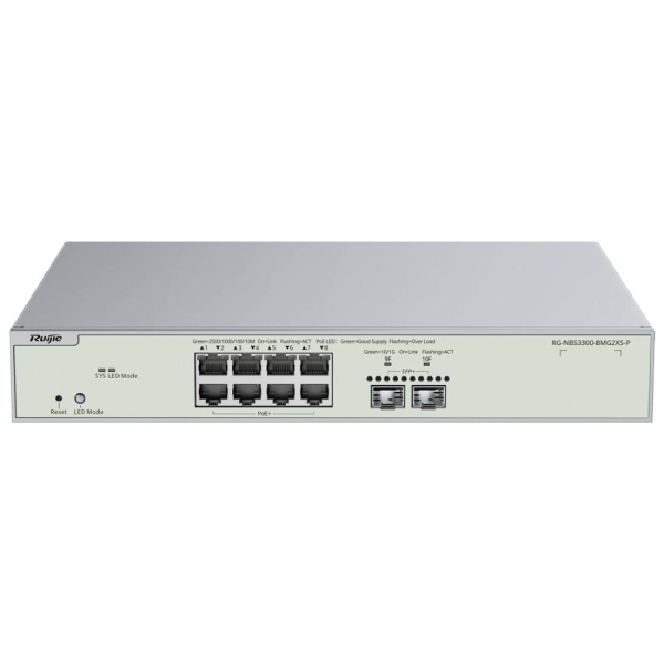 Ruijie RG-NBS3300-8MG2XS-P Switch Gestionado en Capa 2 - 8 Puertos Ethernet hasta 2.5Gbps - 2x SFP+ hasta 10Gbps - PoE/PoE+ hasta 240W - Fuente de Alimentacion Fija - Color Acero