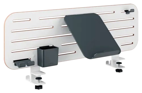 Leitz Ergo Panel Organizador de Escritorio con Soporte para Portatil - Ademas Incluye Soporte para Smartphone, Soporte para Boligrafos y Gancho para Auriculares - 2 Ganchos Posteriores - Color Blanco
