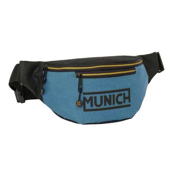 Safta Munich Bolsa de Cintura - Cremallera - Cintas Ajustables - Cierre de PVC - Bolsillo Frontal - 23x12x9cm - Color Negro y Azul