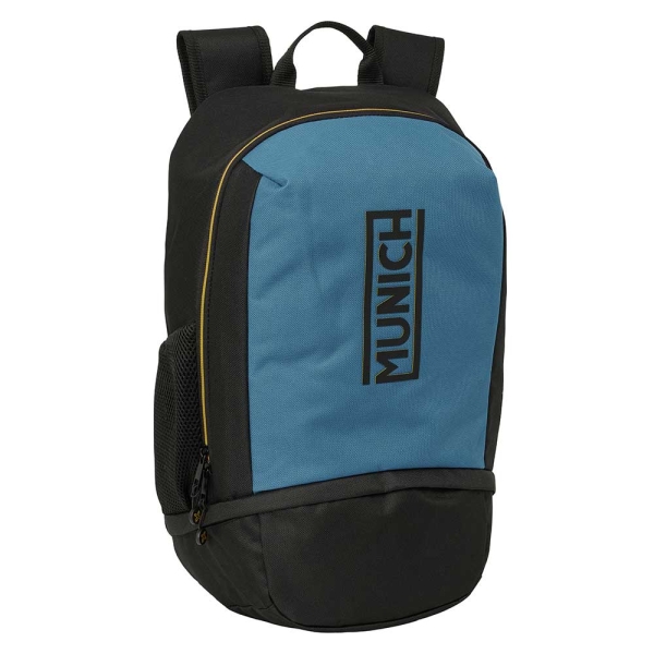 Safta Munich Mochila Zapatillero - Cremallera con Doble Tirador - Bolsillo Interior - Portabotellas - Asa de Mano - 28x51x19cm - Color Negro y Azul