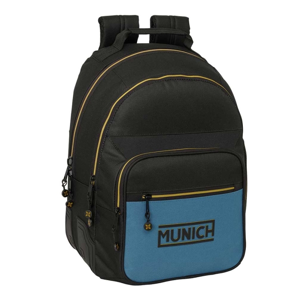 Safta Munich Mochila - Adaptable a Carro - Bolsillo Frontal - Portabotellas - Cremallera con Doble Tirador - Asa de Mano - Hombreras y Espalda Acolchada - 32x42x15cm - Color Negro y Azul