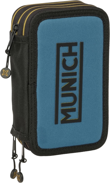 Safta Munich Plumier de 3 Pisos - 37 Piezas - Goma - Lapiz - 2 Boligrafos - Sacapuntas - 2 Reglas - 16 Colores - 14 Rotuladores - 12.5x19.5x5.5cm - Color Negro y Azul
