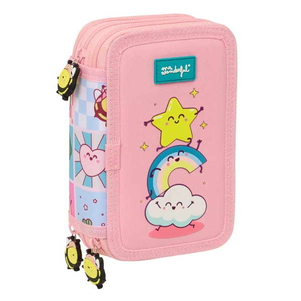 Safta Mr. Wonderful Comic Plumier de 3 Pisos - 37 Piezas - Goma - Lapiz - 2 Boligrafos - Sacapuntas - 2 Reglas - 16 Colores - 14 Rotuladores - 12.5x19.5x5.5cm - Color Rosa