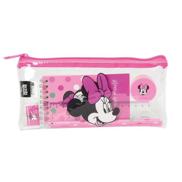 Safta Minnie Mouse Minty Portatodo - Cremallera - PVC - Regla de 15cm - 2 Lapices - Sacapuntas - Goma - Bloc de Notas de 70 Hojas - 22.5x10.5x1cm - Color Rosa y Transparente