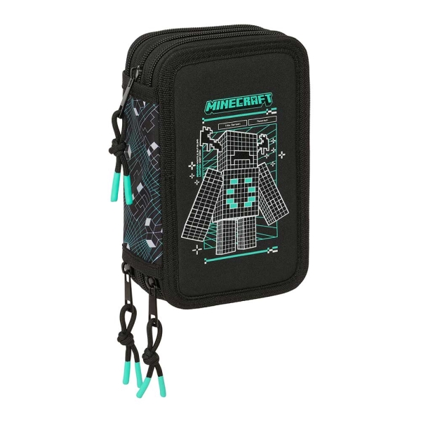 Safta Minecraft Screen Plumier de 3 Pisos - 37 Piezas - Goma - Lapiz - 2 Boligrafos - Sacapuntas - 2 Reglas - 16 Colores - 14 Rotuladores - 12.5x19.5x5.5cm - Color Negro