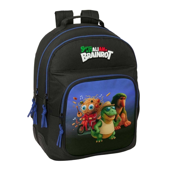 Safta Brainrot Mochila - Adaptable a Carro - Bolsillo Frontal - Portabotellas - Cremallera con Doble Tirador - Asa de Mano - Hombreras y Espalda Acolchada - 32x42x15cm - Color Negro y Azul