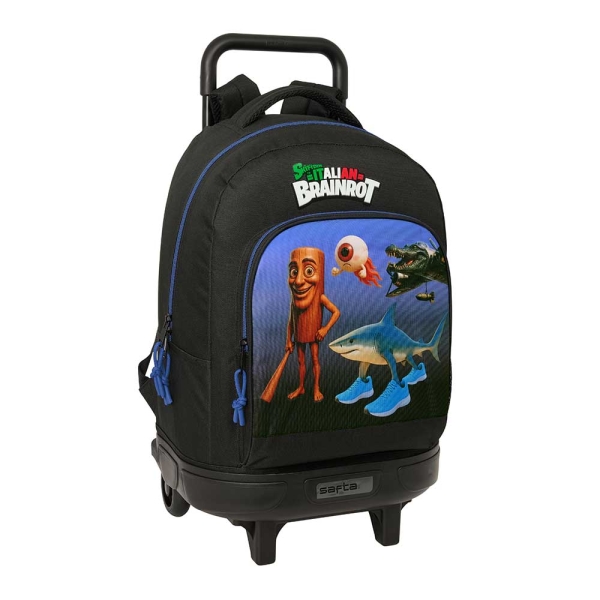 Safta Brainrot Mochila con Carro - Extraible - 33L - Portabotellas - Tarjeta de Identificacion Personal - Cremallera con Doble Tirador - Asa de Mano - Bolsillo Frontal - 33x45x22cm - Color Negro y Azul