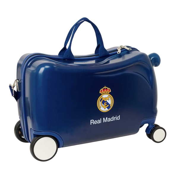 Safta Real Madrid Maleta Trolley Infantil - Reposapies - Bandolera Ajustable - Asas de Mano - Tiradores con Ranura para Candado - Interior Forrado - 44x27x21cm - Color Azul Marino