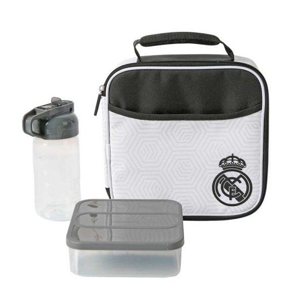 Safta Real Madrid Bolsa Isotermica Porta Alimentos - Cremallera - Incluye Recipiente de 650ml - Botella de 335ml - Bolsillo Interior - Asa de Mano - 21x21.6x9.5cm - Color Blanco