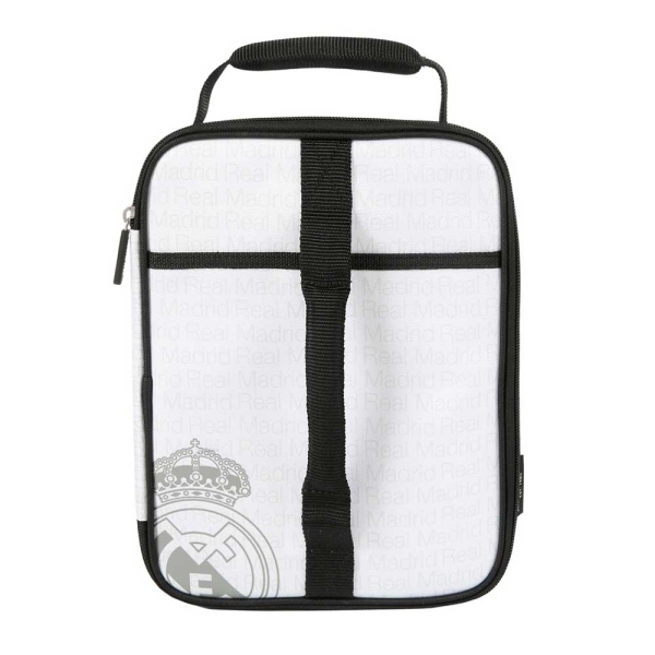 Safta Real Madrid Bolsa Isotermica Porta Alimentos - Expandible - Incluye Recipiente de 650ml - Cremallera - Asa de Mano - 20.7x26.7x10.8cm - Color Blanco