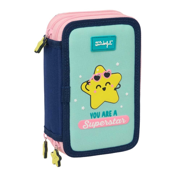 Safta Mr. Wonderful Estrella Plumier de 3 Pisos - 37 Piezas - Goma - Lapiz - 2 Boligrafos - Sacapuntas - 2 Reglas - 16 Colores - 14 Rotuladores - 12.5x19.5x5.5cm - Color Turquesa Claro