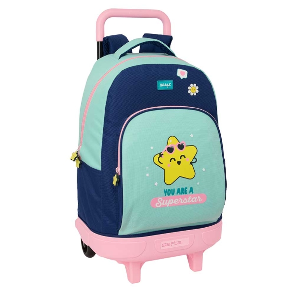 Safta Mr. Wonderful Estrella Mochila con Carro - Extraible - 33L - Portabotellas - Tarjeta de Identificacion Personal - Doble Tirador - Asa de Mano - Bolsillo Frontal - 33x45x22cm - Color Turquesa Claro