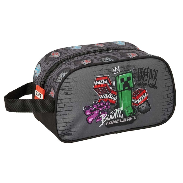 Safta Minecraft Graffiti Neceser - Adaptable a Carro - Asa de Mano Lateral - 26x15x12cm - Color Gris