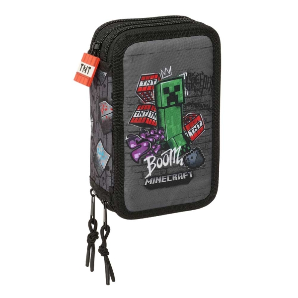 Safta Minecraft Graffiti Plumier de 3 Pisos - 37 Piezas - Goma - Lapiz - 2 Boligrafos - Sacapuntas - 2 Reglas - 16 Colores - 14 Rotuladores - 12.5x19.5x5.5cm - Color Gris
