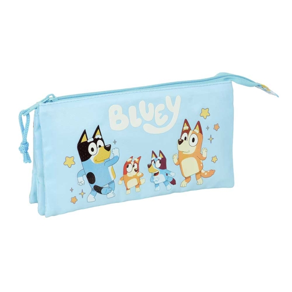 Safta Bluey Ready Portatodo - 3 Compartimentos con Cremallera - Bolsillo Interior Central - 22x12x3cm - Color Azul Pastel