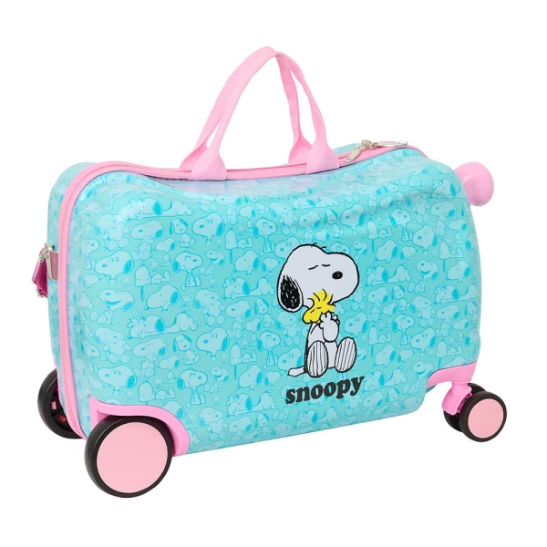 Safta Snoopy Maleta Trolley Infantil - Reposapies - Bandolera Ajustable - Asas de Mano - Tiradores con Ranura para Candado - Interior Forrado - 44x27x21cm - Color Azul Claro