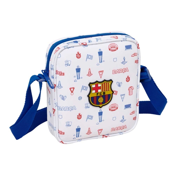 Safta F.C.Barcelona Preescolar Bolsito con Bandolera Ajustable - Compacto - Cierre con Cremallera - 16x18x4cm - Color Blanco