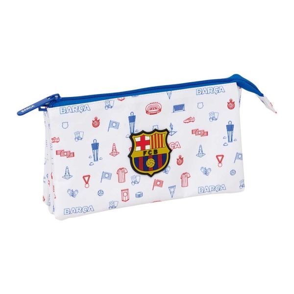 Safta F.C.Barcelona Preescolar Portatodo - 3 Compartimentos con Cremallera - Bolsillo Interior Central - 22x12x3cm - Color Blanco