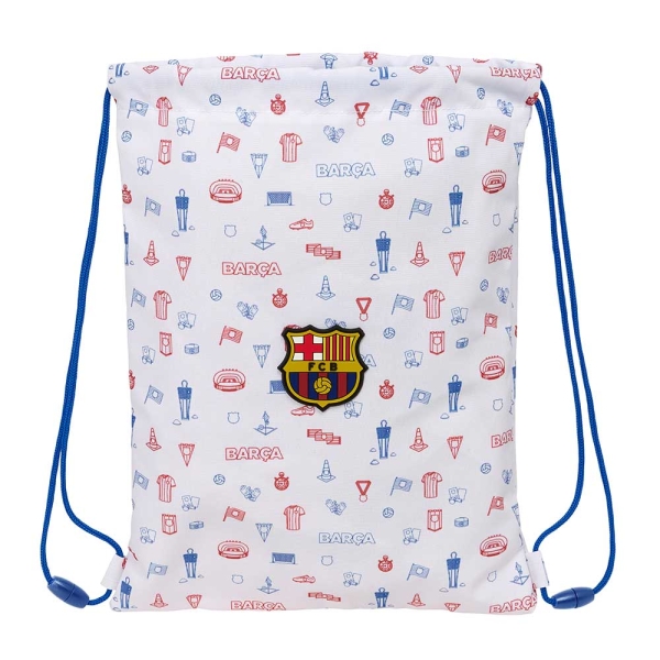Safta F.C.Barcelona Preescolar Saco Plano - Cierre con Cordones - Bolsillo Interior con Cremallera - 26x34x1cm - Color Blanco