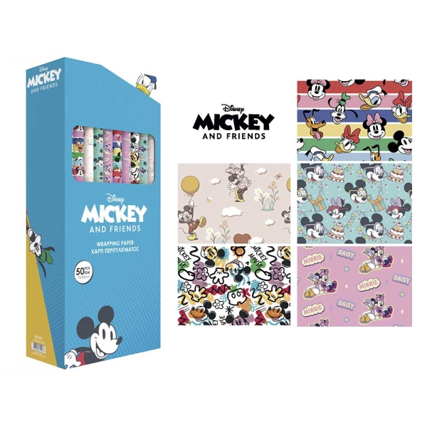 Safta Mickey and Friends Racing Expositor con 50 Rollos de Papel Regalo - Medidas del Rollo 70x200cm - 5 Patrones Diferentes - 30.5x71x15.5cm - Colores Surtidos