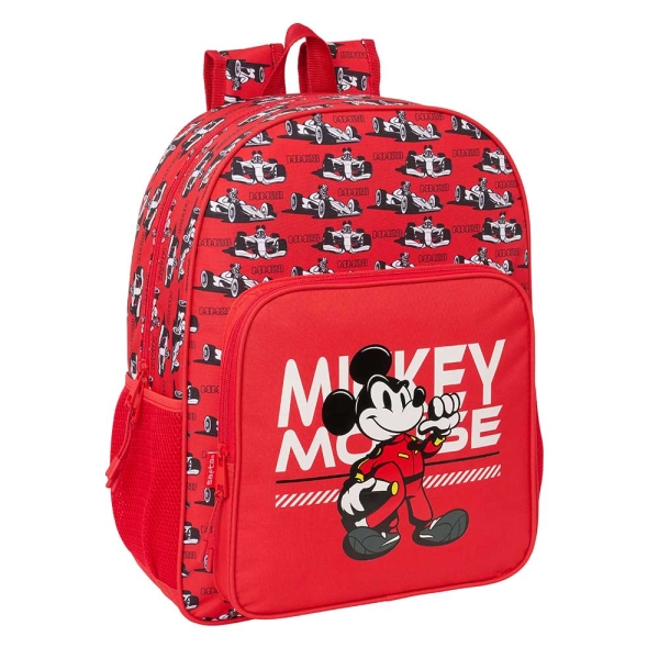 Safta Mickey and Friends Racing Mochila - Adaptable a Carro - Bolsillo Frontal - Portabotellas - Cremallera con Doble Tirador - Asa de Mano - Hombreras y Espalda Acolchada - 33x42x14cm - Color Rojo