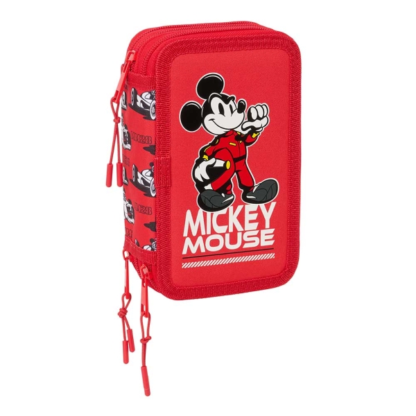 Safta Mickey and Friends Racing Plumier de 3 Pisos - 37 Piezas - Goma - Lapiz - 2 Boligrafos - Sacapuntas - 2 Reglas - 16 Colores - 14 Rotuladores - 12.5x19.5x5.5cm - Color Rojo