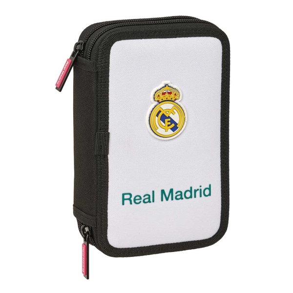 Safta Real Madrid Equipacion 26/27 Plumier de 2 Pisos - 29 Piezas - Goma - Lapiz - 2 Boligrafos - Sacapuntas - 10 Colores - 14 Rotuladores - 12.5x19.5x4cm - Color Blanco y Negro