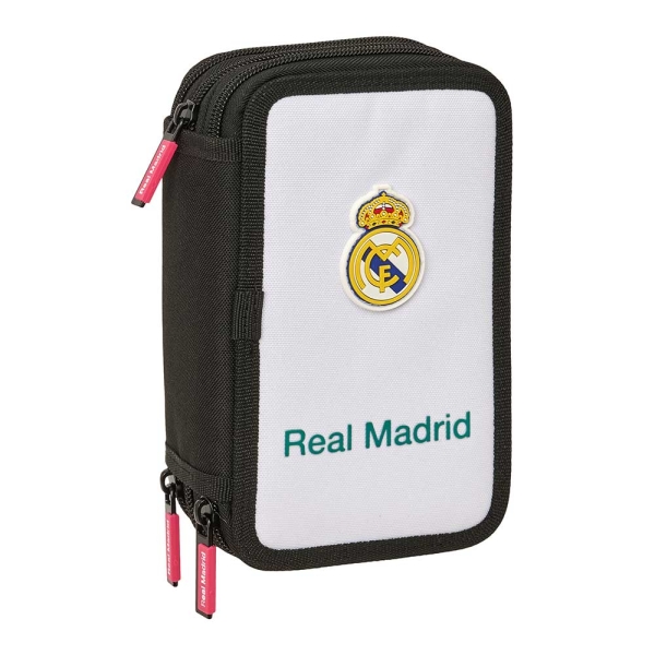 Safta Real Madrid Equipacion 26/27 Plumier de 3 Pisos - 37 Piezas - Goma - Lapiz - 2 Boligrafos - Sacapuntas - 2 Reglas - 16 Colores - 14 Rotuladores - 12.5x19.5x5.5cm - Color Blanco y Negro