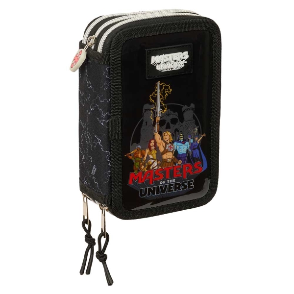 Safta Masters of the Universe Plumier de 3 Pisos - 37 Piezas - Goma - Lapiz - 2 Boligrafos - Sacapuntas - 2 Reglas - 16 Colores - 14 Rotuladores - 12.5x19.5x5.5cm - Color Gris y Negro