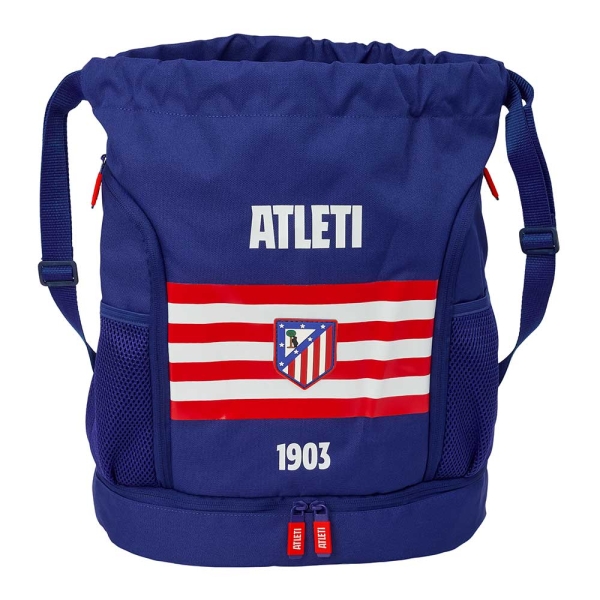 Safta Atletico de Madrid Saco Mochila - Cremallera Bidireccional - Portabotellas - Hombreras de Cinta Ajustables - Compartimento Inferior - 35x40x1cm - Color Azul Marino