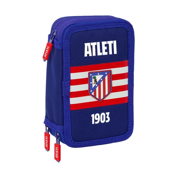 Safta Atletico de Madrid Plumier de 3 Pisos - 37 Piezas - Goma - Lapiz - 2 Boligrafos - Sacapuntas - 2 Reglas - 16 Colores - 14 Rotuladores - 12.5x19.5x5.5cm - Color Azul Marino