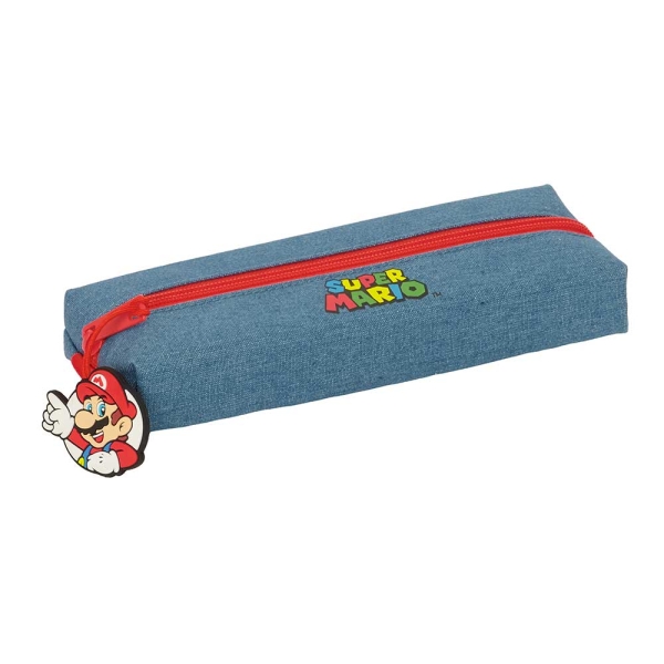 Safta Super Mario Portatodo Rectangular - Goma Elastica Trasera - Cremallera - 22x4x7cm - Color Rojo y Azul
