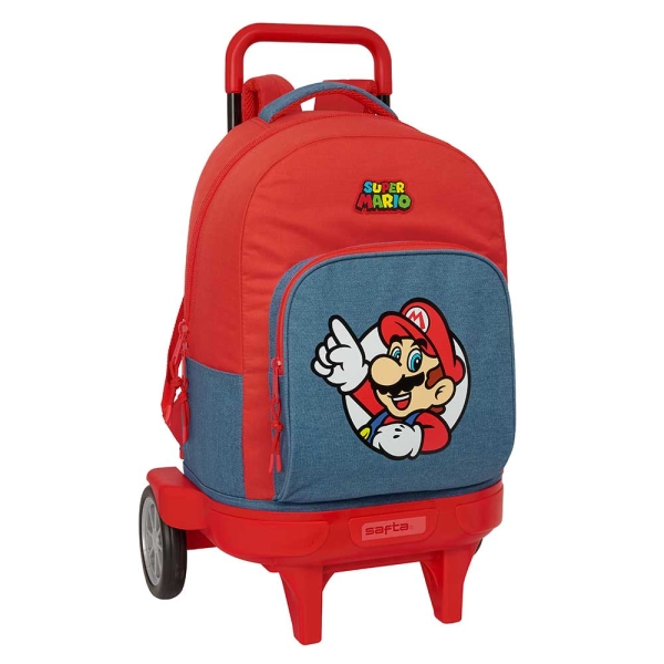 Safta Super Mario Mochila con Carro - Extraible - 33L - Portabotellas - Tarjeta de Identificacion Personal - Ruedas Antivibracion - Asa de Mano - Bolsillo Frontal - 33x45x22cm - Color Rojo y Azul