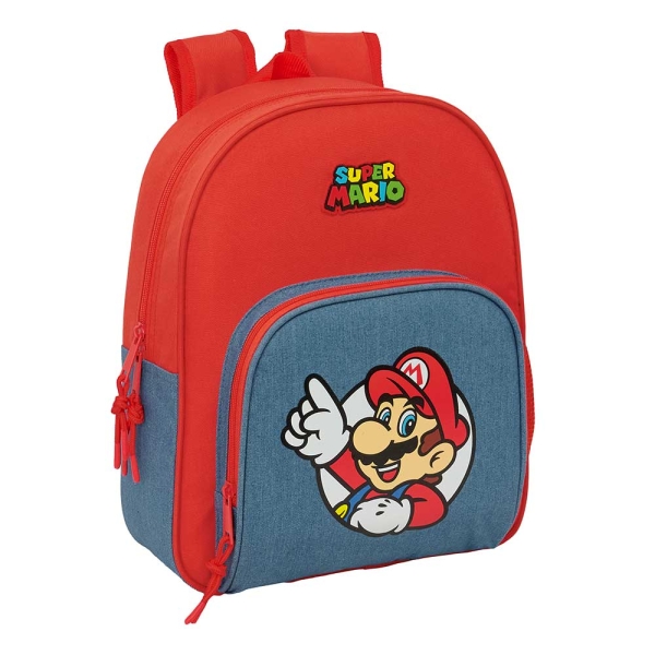 Safta Super Mario Mochila Infantil - Portabotellas - Bolsillo Frontal - Asa de Mano - Adaptable a Carro - Hombreras Acolchadas - 28x34x10cm - Color Rojo y Azul